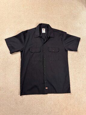 Y2K Dickies Plain Black Short Sleeve Button Up Mechanic Shirt Men's Large Work